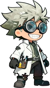 Word Run scientist runner with wild gray hair, goggles, and a lab coat