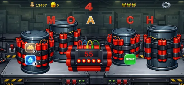 Word Run bomb-defuse level with dynamite barrels, a bomb counting down from 55, and the letters M O A I C H