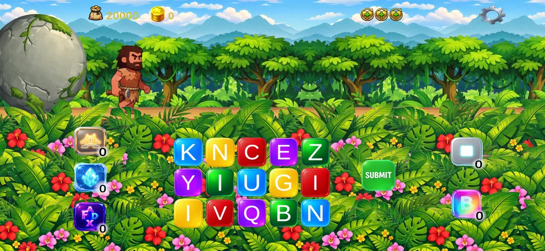 Word Run jungle level: a caveman runs ahead of a rolling boulder above a pool of colorful letter tiles